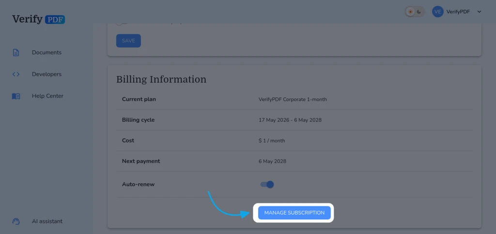 The Billing information card shows your current plan and next payment. Click Manage Subscription to open the Stripe customer portal where your invoices live.