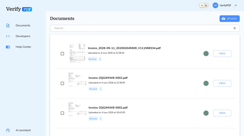 The Documents page is searchable and paginated, and every row shows a risk-band indicator and any tags so you can scan for high-risk results at a glance.